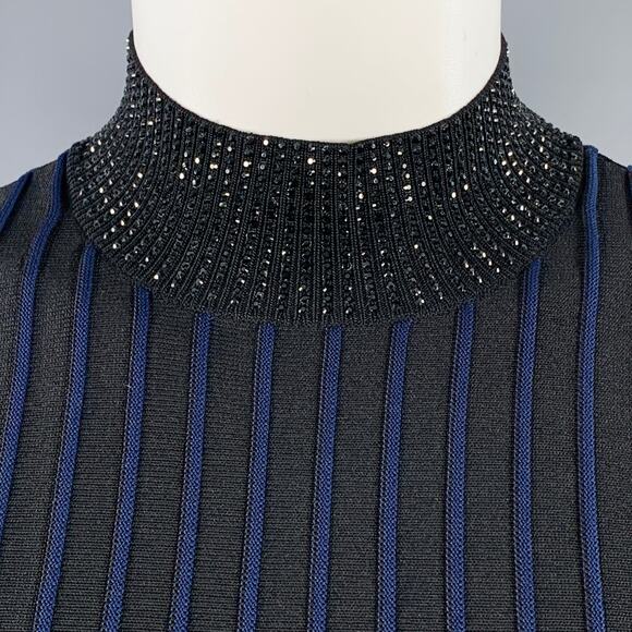 EMPORIO ARMANI Size S Black Navy Viscose Blend Stripe Mock Neck Dress Top - Picture 2 of 9